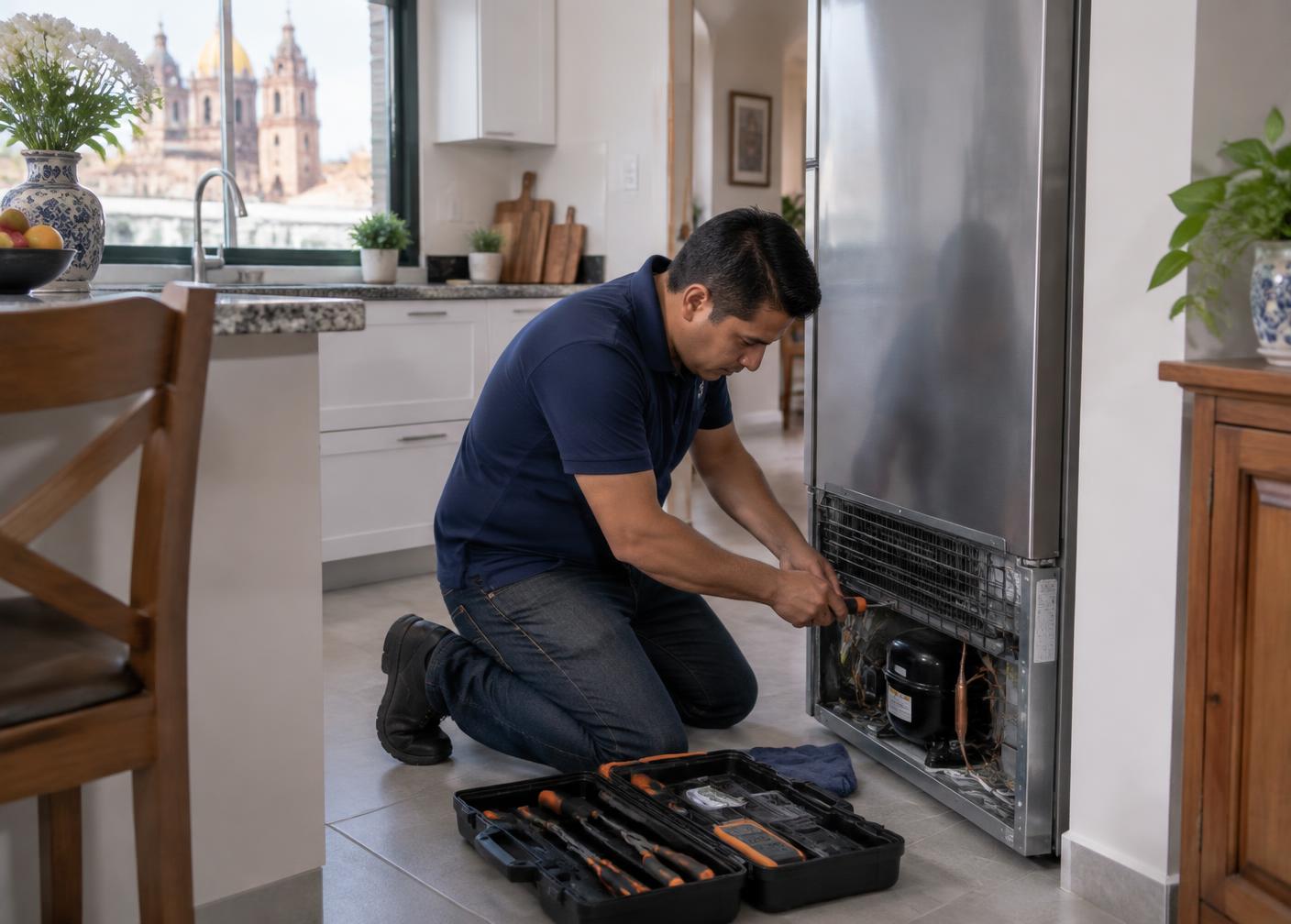 Técnico de línea blanca revisando un refrigerador en una cocina de Puebla